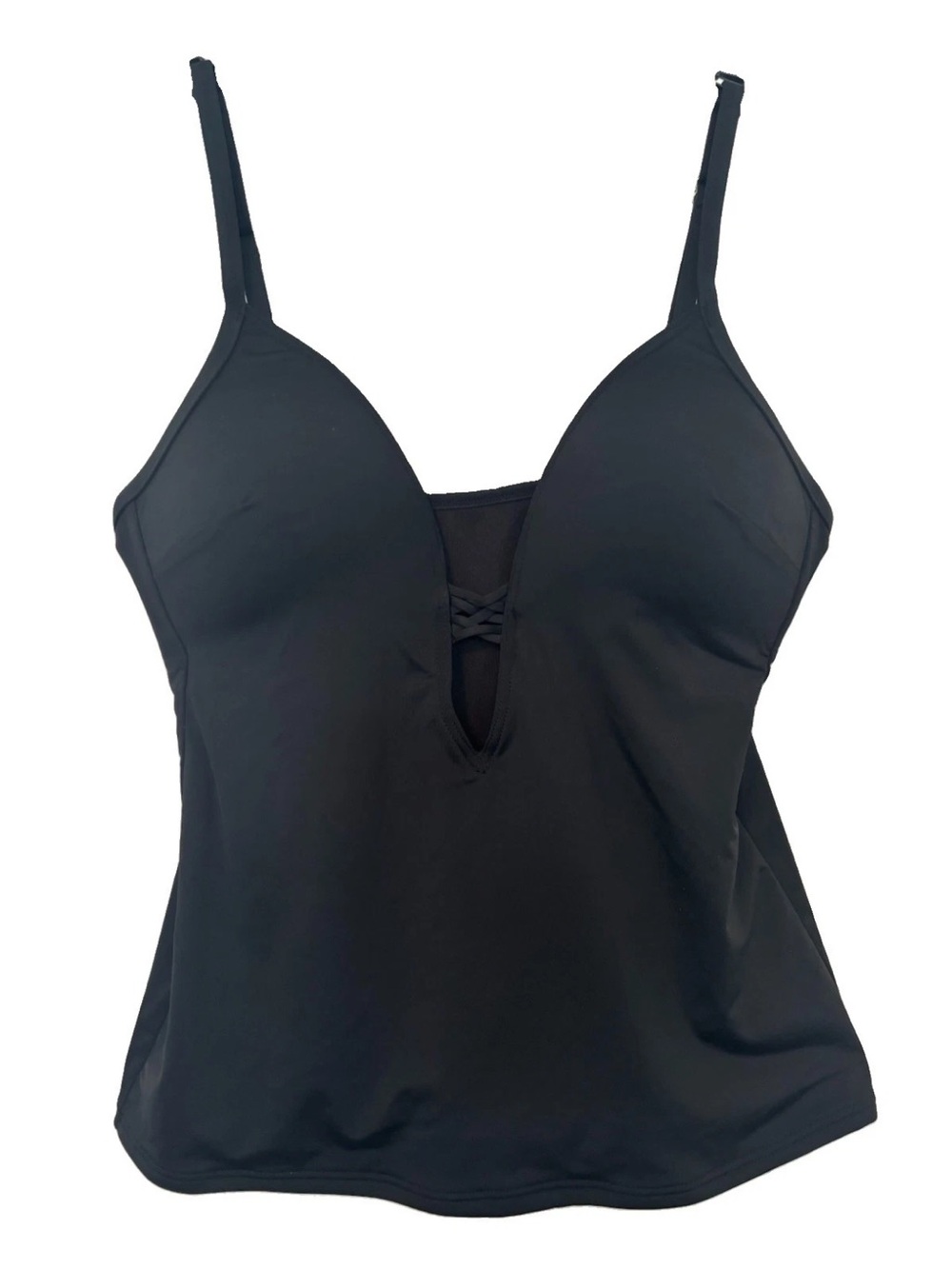 Bar III Black Plunge Tankini Swim Top Adjustable Straps Stretch Padding s Sz M
